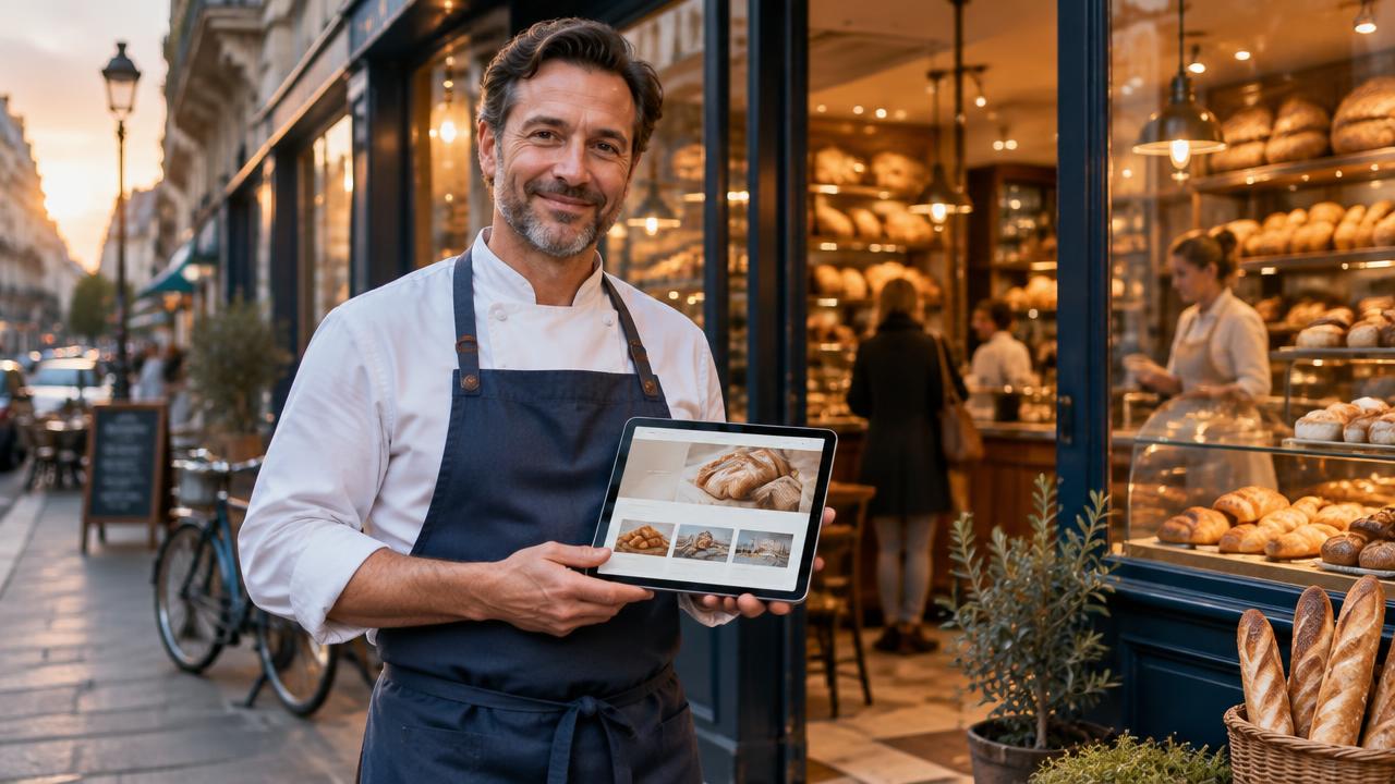 Un boulanger visible en ligne devant sa boutique